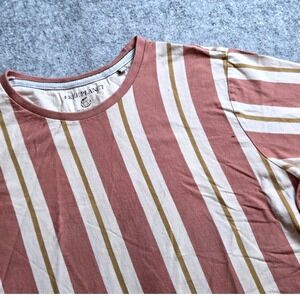 Free Planet Men's Large Striped T-Shirt Pink Beige‎ Cotton Short Sleeve Casual